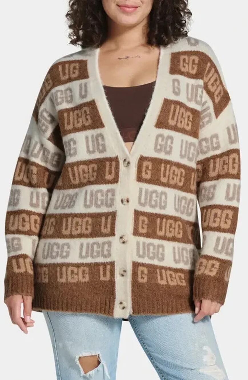 UGG Cardigan Brown Cream Logo Womens L Wool Blend Button Front Sweater NWT